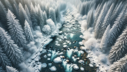Poster - Fantasy winter landscape with a river and coniferous forest. Generative AI