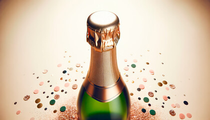 Poster - Champagne bottle with confetti on a sparkling beige background, celebration theme. Generative AI