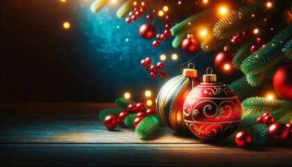 Poster - Ornate Christmas balls with twinkling lights and evergreen branches. Generative AI