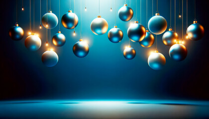 Poster - Vibrant Christmas balls with intricate patterns floating in a celestial blue ambiance. Season's greetings. Generative AI