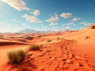 Poster - Desert trail leading to majestic mountains against a clear sky. Generative AI