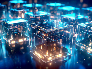 Poster - Translucent glass cubes with neon illumination. Modern technology background. Generative AI
