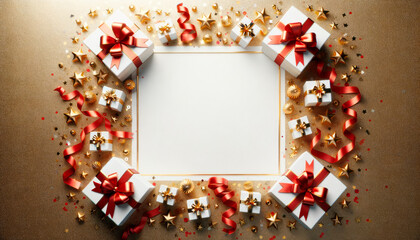 Poster - Christmas celebration layout with gifts and gold accents on white background. Generative AI