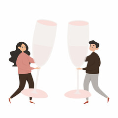 Wall Mural - Vector illustration. Couple in love with big glasses of champagne