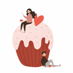 Wall Mural - Vector illustration. The girl drinks coffee on a big cupcake with a heart