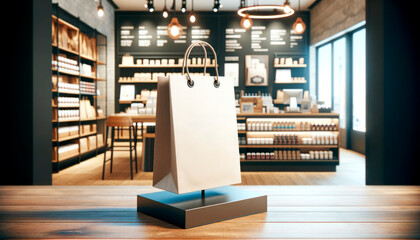 Wall Mural - Shopping bag on display in a contemporary boutique environment. Marketing and design concept. Generative AI