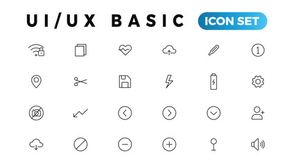 Poster - basic user interface essential set. ui/ux line outline icons. for app, web, print. editable stroke.