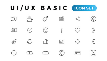 Poster - basic user interface essential set. ui/ux line outline icons. for app, web, print. editable stroke.