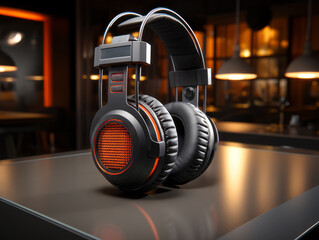 Aufkleber - Modern headphones on reflective surface with soft lighting. Generative AI