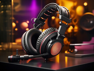 Aufkleber - Sleek headphones with vibrant orange glow for gaming setup. Generative AI