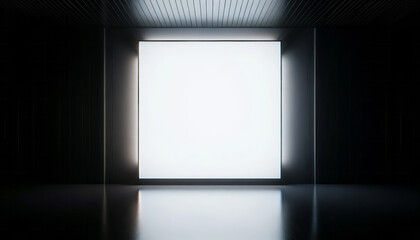 Poster - Backlit empty gallery panel in a darkened room. Minimalist design concept. Generative AI