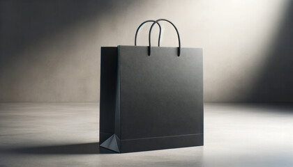 Poster - Sophisticated black shopping bag mockup with a striking shadow on concrete. Luxury and design concept. Generative AI