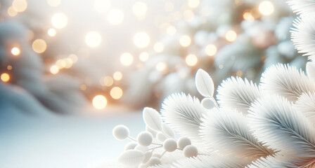 Poster - Softly lit Christmas tree with snowy branches, festive bokeh lights. Holiday warmth concept. Generative AI