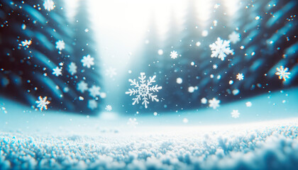 Poster - Falling snowflakes against a blue winter backdrop, tranquil snowy scene. Winter wonder concept. Generative AI