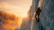 Rock climber at sunset. Climbing on ice mountain