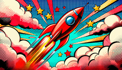 Aufkleber - Pop art inspired rocket soaring through clouds Generative AI