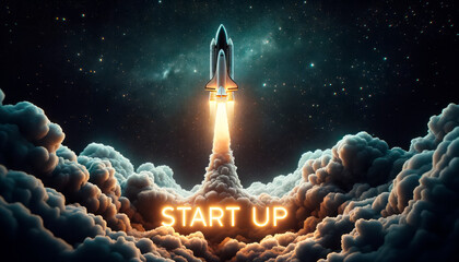 Aufkleber - Rocket soaring past clouds with luminous START UP message. Generative AI