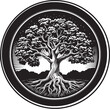 Black and white vector logo illustration of an oak tree, encapsulating life's symbolism.