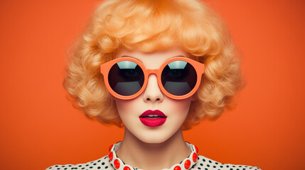 Wall Mural - Fashion Forward: Fashionable Woman with Stylish Orange Sunglasses and Vibrant Polka Dot Shirt. Fashion Style Cover Magazine and Wallpaper