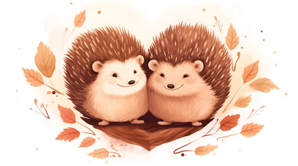 Two cute hedgehogs in the autumn forest.