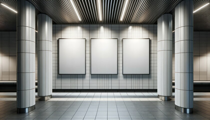 Wall Mural - Subway station interior with empty poster on wall, mockup. Generative AI