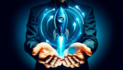 Poster - Close up of businessman hands holding glowing rocket icon. Start up concept. Generative AI