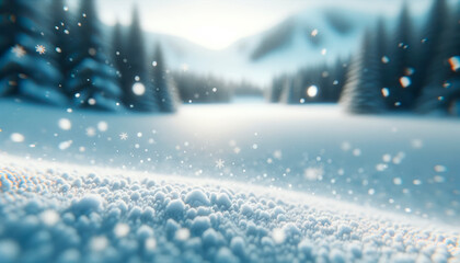 Poster - Snow covered surface with gentle snowflakes falling, tranquil forest in blur. Winter calmness concept. Generative AI