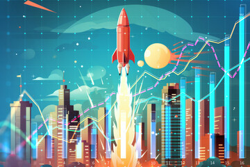 Aufkleber - Rocket launch on stock market data background in cityscape, Generative AI