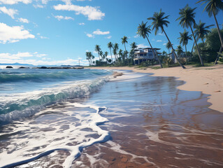 Poster - Inviting beachfront with palm trees and reflective water. Vacation and leisure concept. Generative AI