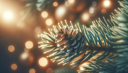 Poster - Close up of a frosty pine cone with pine branches and warm bokeh lights, Christmas elegance background. Generative AI