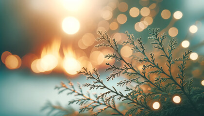 Poster - Christmas background with fir branches, bokeh lights and snowflakes. Generative AI