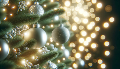 Poster - Christmas tree with decorations on bokeh background. Generative AI