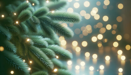 Poster - Christmas background with fir branches, bokeh lights and copy space. Generative AI