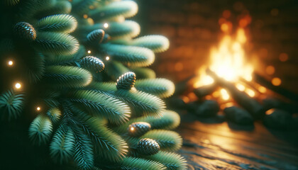 Poster - Christmas tree on the background of a burning fireplace. Generative AI