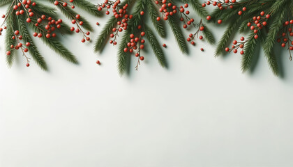 Poster - Christmas background with fir branches and red berries on white background. Generative AI