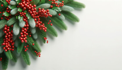Poster - Christmas background with fir branches and red berries. Top view. Copy space. Generative AI