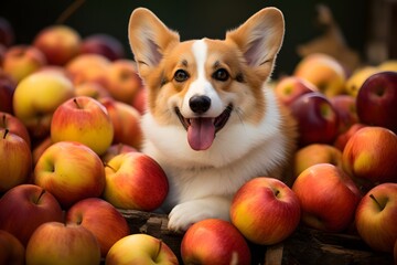 Happy Dog Relaxing in a Heap of Fresh Apples with Tongue Out and Eyes Closed Generative AI