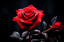Single Stunning Red Rose Flower With Vibrant Colors And Dark Ambiance And Background