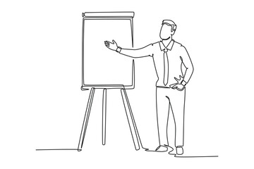 Wall Mural - Continuous one line drawing of young success business manager giving lecture to apprentice during work meeting. Work presentation at office concept. Single line draw design vector graphic illustration