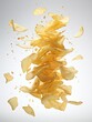 Dynamic image of crispy golden potato chips in mid-air, showcasing a snack attack moment with ripple-cut chips suspended against a white background