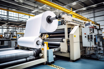 Factory for the production of paper and cardboard. Production equipment for paper production. Big machine. The machine makes paper.