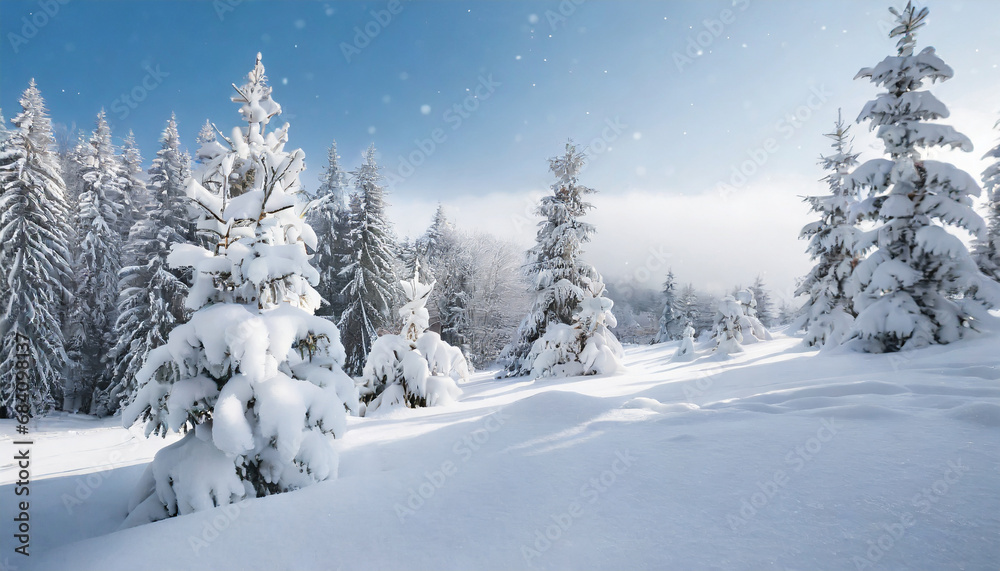Beautiful landscape with snow-covered fir trees and snowdrifts. Merry Christmas and Happy New Year greeting background with copy-space. Winter fairytale.