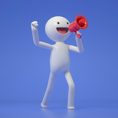 Wall Mural - A 3D cartoon character is holding a speaker, making announcement with megaphone loudspeaker. 3d rendering,conceptual image