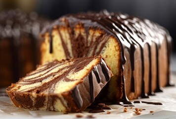 Wall Mural - Zebra marble cake dessert. Striped sugary brown sponge biscuit with frosting. Generate AI