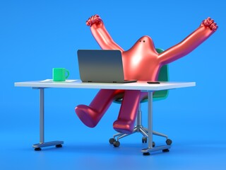 Wall Mural - A 3D cartoon character success at work, victory in business concept. Happy employee at computer desk, rejoicing achieved goal. 3d rendering,conceptual image