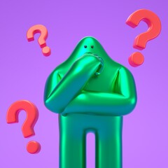 Wall Mural - A 3D cartoon character with a red question mark.Confused man thinking in a thoughtful pose with question mark.Choice, problem solving concept. 3d rendering,conceptual image