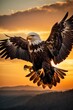 Close-up of a beautiful eagle flying over the mountains at sunset against the sky. Wildlife, protected birds concepts.