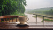 A cup of coffee on the terrace table during heavy rain in the afternoon. Lonely without people. Riverside countryside