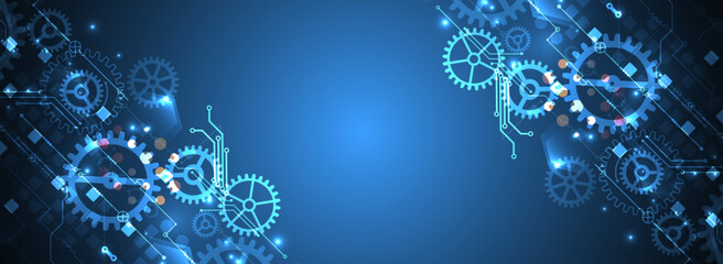 Poster - Gear wheel technology pattern on blue gradient background. Hand drawn vector.