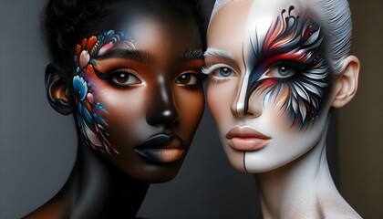 Wall Mural - Featuring two contemporary female models with contrasting face paintings,  modern theatrical makeup 